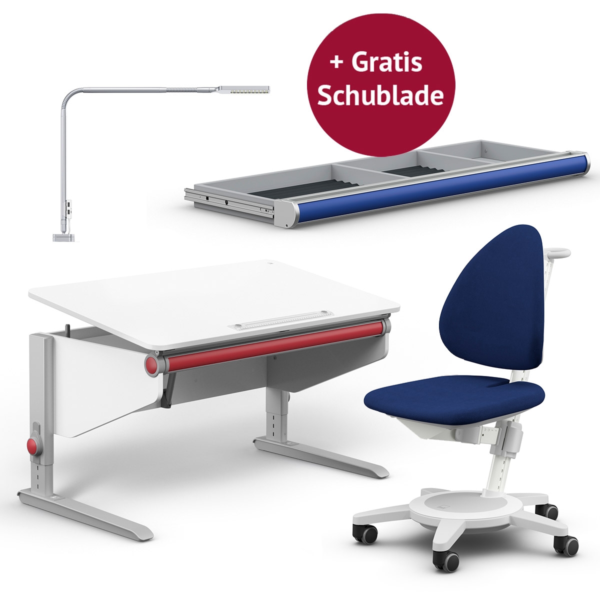 Moll Aktionspaket: Schreibtisch Champion mit Maximo, Flexlight mit GRATIS Schublade Kinderschreibtische