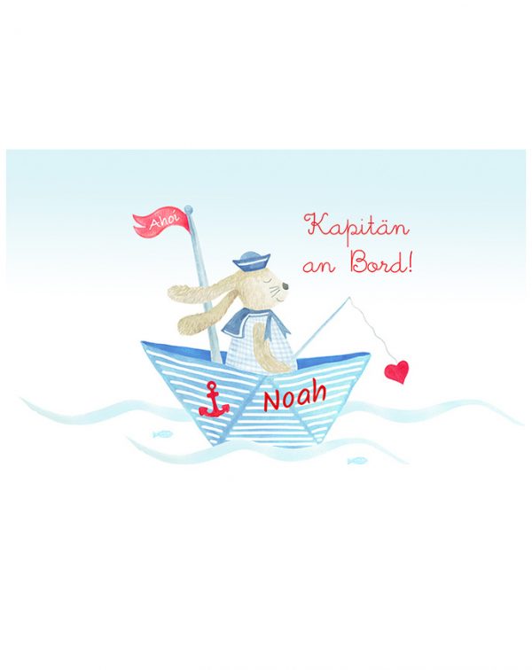 Hansekind Wandbild HASE IM BOOT (30×40) (personalisierbar) in hellblau Bilder